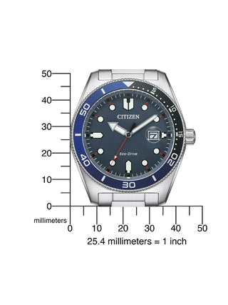 Angle shot of Citizen AW1761-89L Blue Dial Silver Stainless Steel Unisex Watch on white background