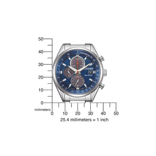 Angle shot of Citizen Chronograph CA0459-79L Blue Dial Silver Stainless Steel Unisex Watch on white background