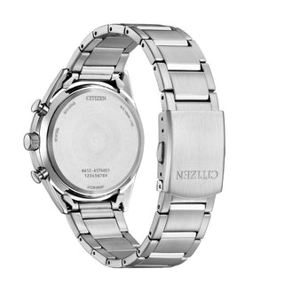 Angle shot of Citizen Chronograph CA0459-79L Blue Dial Silver Stainless Steel Unisex Watch on white background