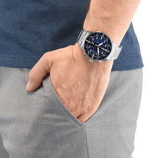 Angle shot of Citizen Chronograph CA0690-88L Blue Dial Silver Stainless Steel Unisex Watch on white background