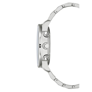Angle shot of Citizen Chronograph CA0690-88L Blue Dial Silver Stainless Steel Unisex Watch on white background