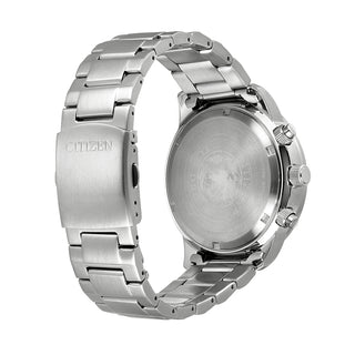 Angle shot of Citizen Chronograph CA0690-88L Blue Dial Silver Stainless Steel Unisex Watch on white background