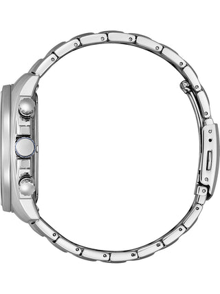 Angle shot of Citizen Chronograph CA4560-81L Blue Dial Silver Stainless Steel Unisex Watch on white background