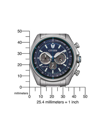 Angle shot of Citizen Chronograph CA4560-81L Blue Dial Silver Stainless Steel Unisex Watch on white background