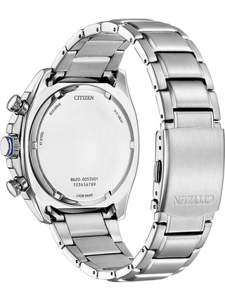 Angle shot of Citizen Chronograph CA4560-81L Blue Dial Silver Stainless Steel Unisex Watch on white background