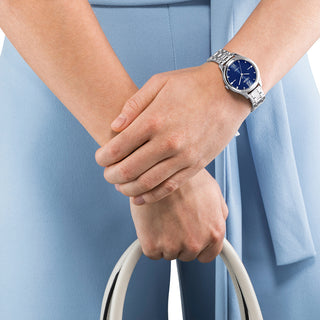 Angle shot of Citizen EM0500-73L Blue Dial Silver Stainless Steel Womens Watch on white background