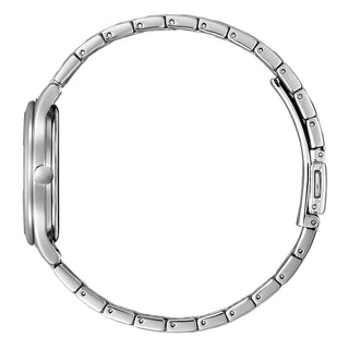 Angle shot of Citizen EM0500-73L Blue Dial Silver Stainless Steel Womens Watch on white background