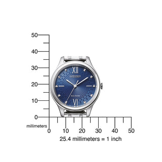 Angle shot of Citizen EM0500-73L Blue Dial Silver Stainless Steel Womens Watch on white background