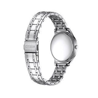 Angle shot of Citizen EM0500-73L Blue Dial Silver Stainless Steel Womens Watch on white background