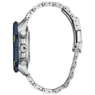 Angle shot of Citizen Chronograph JY8078-52L Blue Dial Silver Stainless Steel Unisex Watch on white background