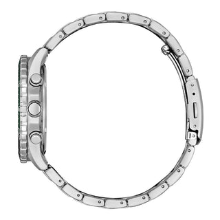 Angle shot of Citizen Chronograph AT2561-81X Green Dial Silver Stainless Steel Unisex Watch on white background