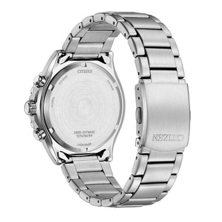 Angle shot of Citizen Chronograph AT2561-81X Green Dial Silver Stainless Steel Unisex Watch on white background