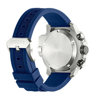 Angle shot of Citizen Eco-Drive Crono Aqualand Chronograph BJ2169-08E Black Dial Blue Rubber Mens Watch on white background
