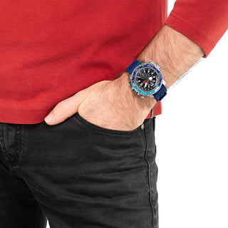 Angle shot of Citizen Eco-Drive Crono Aqualand Chronograph BJ2169-08E Black Dial Blue Rubber Mens Watch on white background