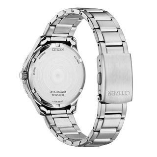 Angle shot of Citizen AW1820-81E Black Dial Silver Stainless Steel Unisex Watch on white background