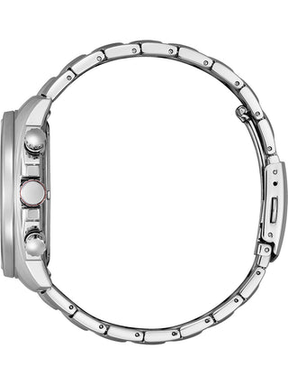 Angle shot of Citizen Chronograph CA4561-89E Black Dial Silver Stainless Steel Unisex Watch on white background