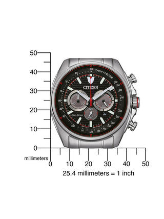 Angle shot of Citizen Chronograph CA4561-89E Black Dial Silver Stainless Steel Unisex Watch on white background