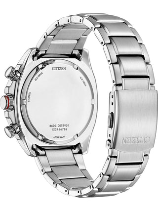Angle shot of Citizen Chronograph CA4561-89E Black Dial Silver Stainless Steel Unisex Watch on white background