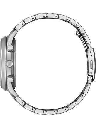 Angle shot of Citizen Sport Chrono Eco Drive CA7028-81E Black Dial Silver Stainless Steel Unisex Watch on white background