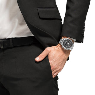 Angle shot of Citizen Chronograph CB5860-86E Black Dial Silver Stainless Steel Unisex Watch on white background
