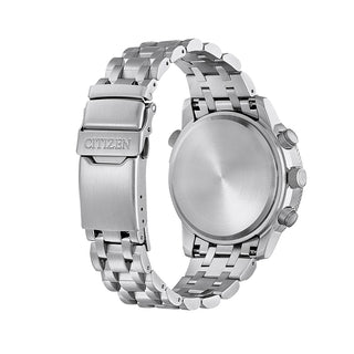 Angle shot of Citizen Chronograph CB5860-86E Black Dial Silver Stainless Steel Unisex Watch on white background