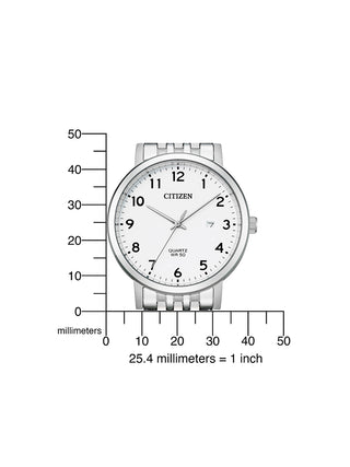 Angle shot of Citizen BI5070-57A White Dial Silver Stainless Steel Unisex Watch on white background
