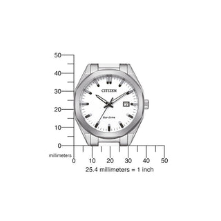 Angle shot of Citizen BM7620-83A White Dial Silver Stainless Steel Unisex Watch on white background