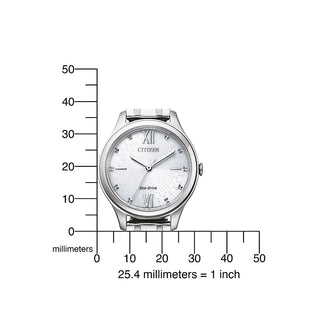 Angle shot of Citizen EM0500-73A White Dial Silver Stainless Steel Womens Watch on white background