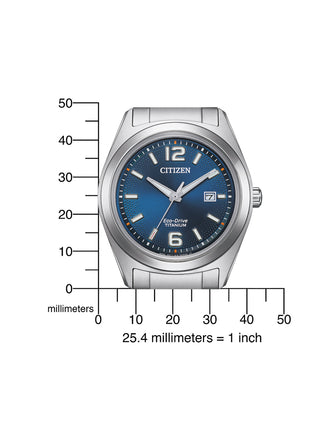 Angle shot of Citizen AW1641-81L Blue Dial Silver Titanium Unisex Watch on white background