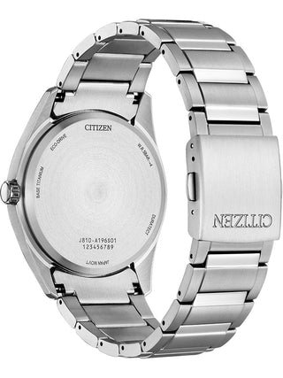 Angle shot of Citizen AW1641-81L Blue Dial Silver Titanium Unisex Watch on white background