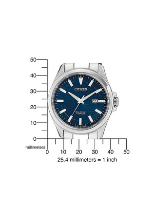 Angle shot of Citizen BM7470-84L Blue Dial Silver Titanium Unisex Watch on white background