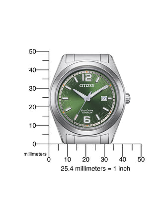 Angle shot of Citizen AW1641-81X Green Dial Silver Titanium Unisex Watch on white background