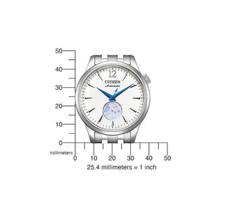 Angle shot of Citizen NH9131-73A White Dial Silver Stainless Steel Unisex Watch on white background