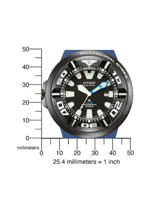 Angle shot of Citizen BJ8055-04E Black Dial Blue Silicone Unisex Watch on white background