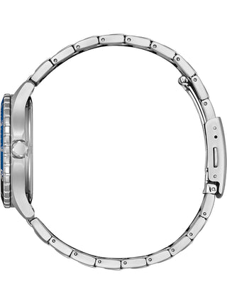 Angle shot of Citizen AW1821-89L Blue Dial Silver Stainless Steel Unisex Watch on white background