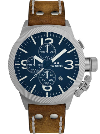 Angle shot of TW Steel Chronograph CS106 Blue Dial Brown Leather Unisex Watch on white background