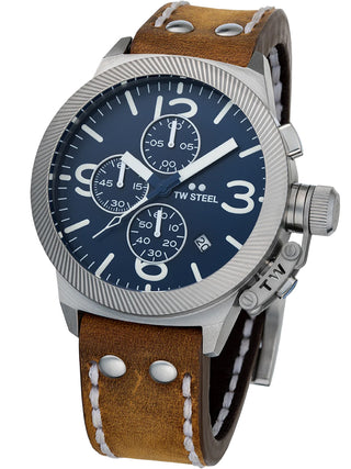 Angle shot of TW Steel Chronograph CS106 Blue Dial Brown Leather Unisex Watch on white background