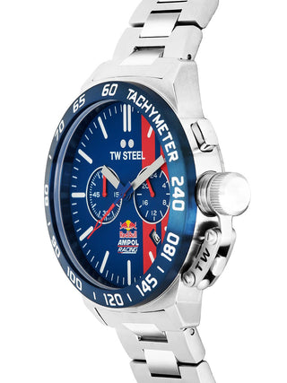 Angle shot of TW Steel Chronograph CS121 Blue Dial Silver Stainless Steel Unisex Watch on white background