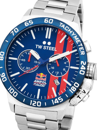 Front view of TW Steel Chronograph CS121 Blue Dial Silver Stainless Steel Unisex Watch on white background