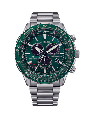 Front view of Citizen Chronograph CB5004-59W Green Dial Silver Stainless Steel Unisex Watch on white background