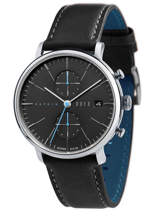 Front view of Dufa Chronograph DF-9027-04 Black Leather Unisex Watch on white background