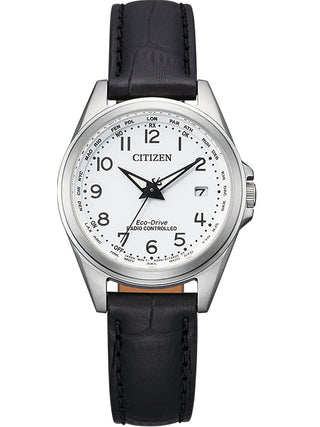 Front view of Citizen EC1180-14A White Dial Black Leather Womens Watch on white background