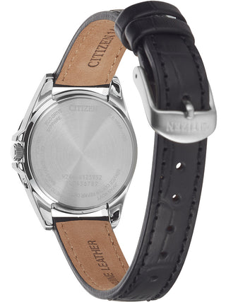 Angle shot of Citizen EC1180-14A White Dial Black Leather Womens Watch on white background