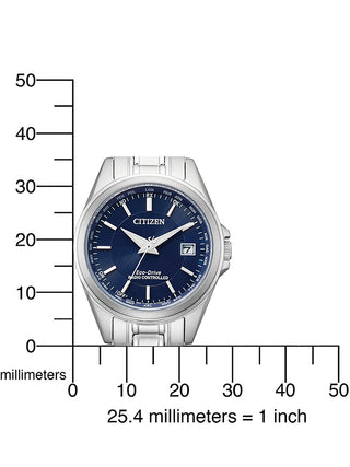 Angle shot of Citizen EC1180-81L Blue Dial Silver Stainless Steel Womens Watch on white background