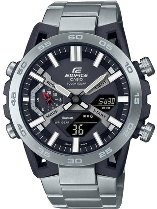 Front view of Casio Edifice ECB-2000D-1AEF Black Dial Grey Stainless Steel Mens Watch on white background