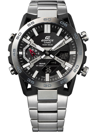 Angle shot of Casio Edifice ECB-2000D-1AEF Black Dial Grey Stainless Steel Mens Watch on white background