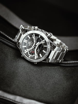 Angle shot of Casio Edifice ECB-2000D-1AEF Black Dial Grey Stainless Steel Mens Watch on white background