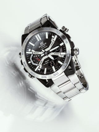 Angle shot of Casio Edifice ECB-2000D-1AEF Black Dial Grey Stainless Steel Mens Watch on white background