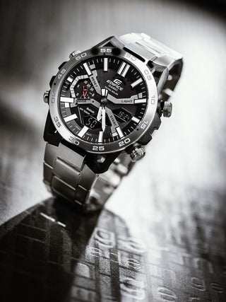 Angle shot of Casio Edifice ECB-2000D-1AEF Black Dial Grey Stainless Steel Mens Watch on white background