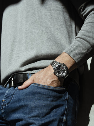 Angle shot of Casio Edifice ECB-2000D-1AEF Black Dial Grey Stainless Steel Mens Watch on white background